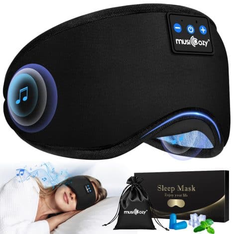 Bluetooth Sleep Mask with Headphones, a comfortable eye-cover with 14-hour playtime, perfect for British sleepers and travelers.