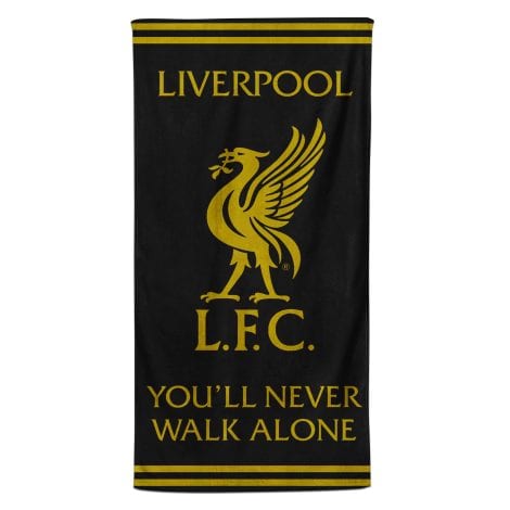 Liverpool Football Crest Black & Gold Beach Bath Towel, a 100% Cotton LFC Bath Swim Towel, perfect Liverpool gift for all ages.