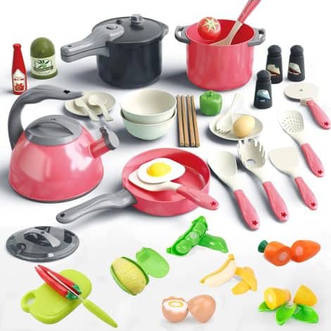 A Red 41-piece Kitchen Toy Set with Accessories for Pretend Play Cooking, Ideal Gift for Kids aged 3-6.