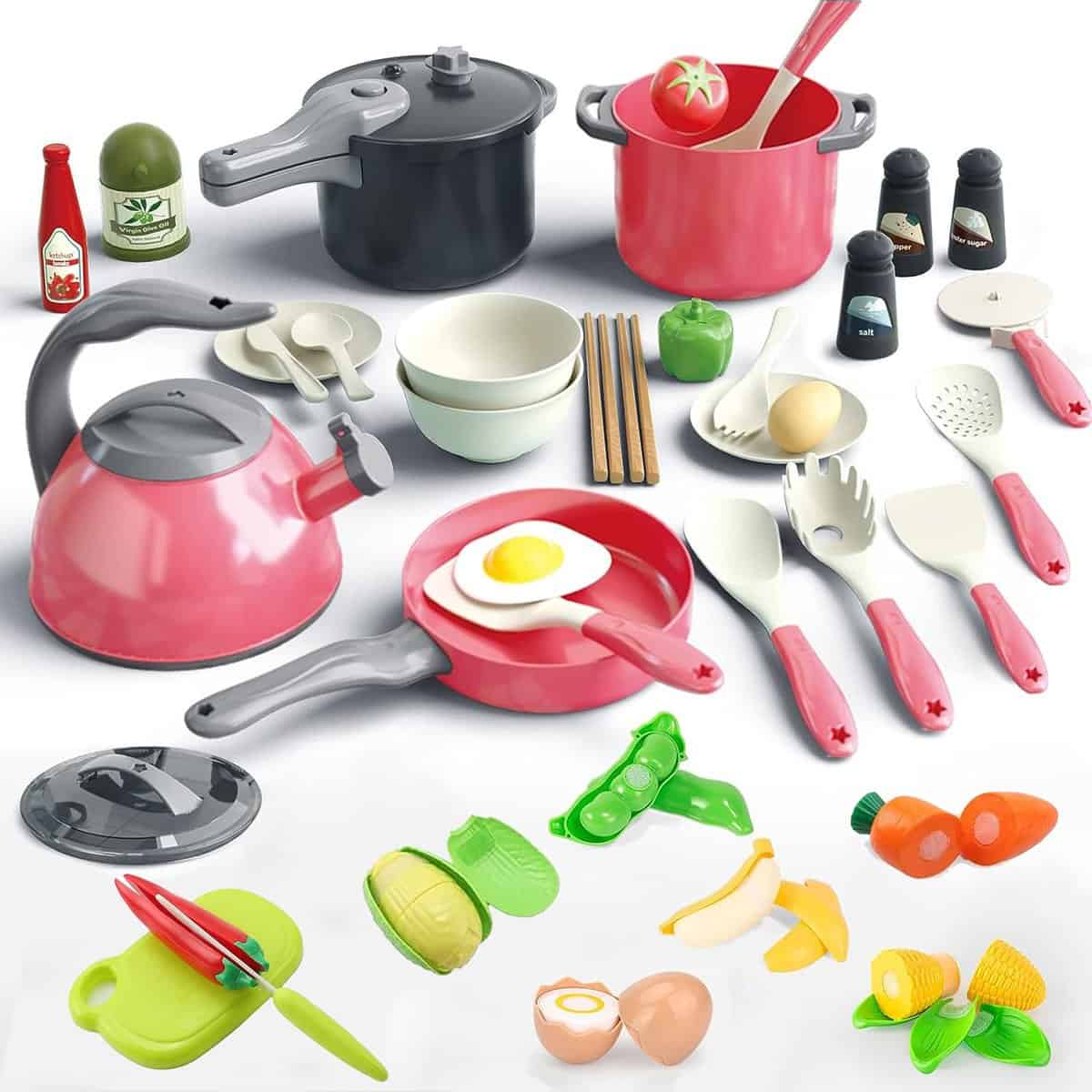 41pcs Kitchen Toys Set, Play Kitchen Accessories for Toddler Pretend Play Cooking Toys Cookware Utensils Cutting Play Food Learning Gift for Girls Boys 3 4 5 6 Years Old Red…