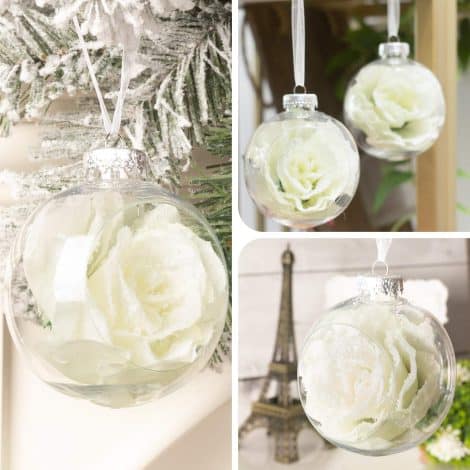 Clear Christmas baubles with white flocked rose flower inside, perfect for decorating your Xmas tree beautifully.