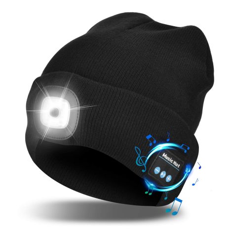 Black Etsfmoa Bluetooth Beanie Hat with Built-in LED Lights and Wireless Headphones. Ideal gift for all.