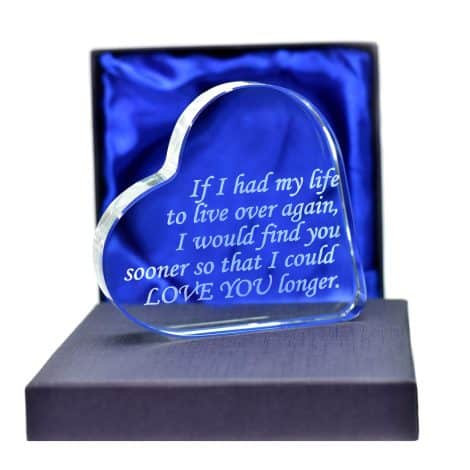 Valentine’s Day Clear Engraved Glass Plaque with Heart, perfect for birthdays, anniversaries, and expressing love.