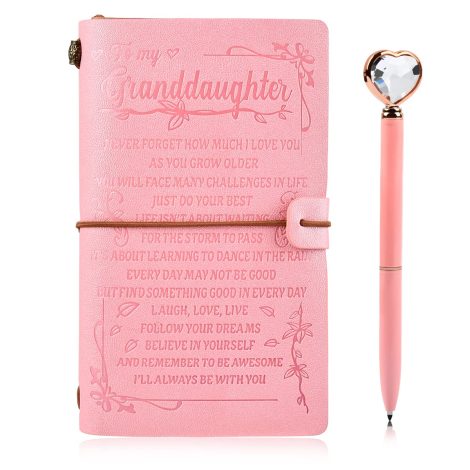 Pink Leather Journal and Heart Diamond Pen Set, a personalized diary notebook for girls, perfect for Christmas and birthdays.