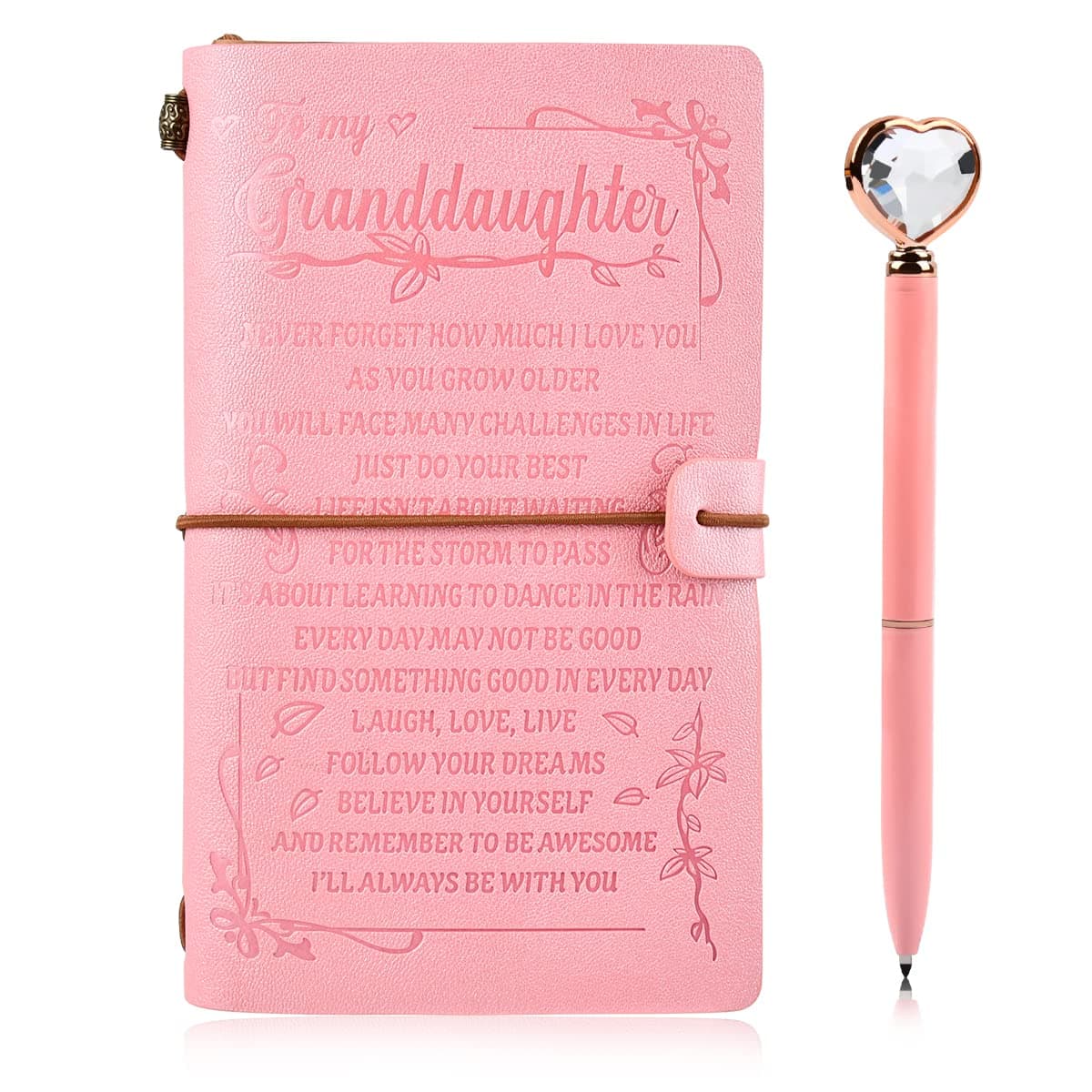 OctBird To My Granddaughter's Gift, Pink Leather Journal+Heart Diamond Pen Set, Refillable Notepads, Personalised Diary Notebook for Girls, Christmas Birthday Gifts for Granddaughter