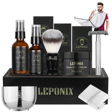 Men’s Grooming Set: Sandalwood Shaving Cream, Aftershave Balm, Pre-Shave Oil, Shaving Brush, Bowl, Beard Bib. Perfect Gift for Him.