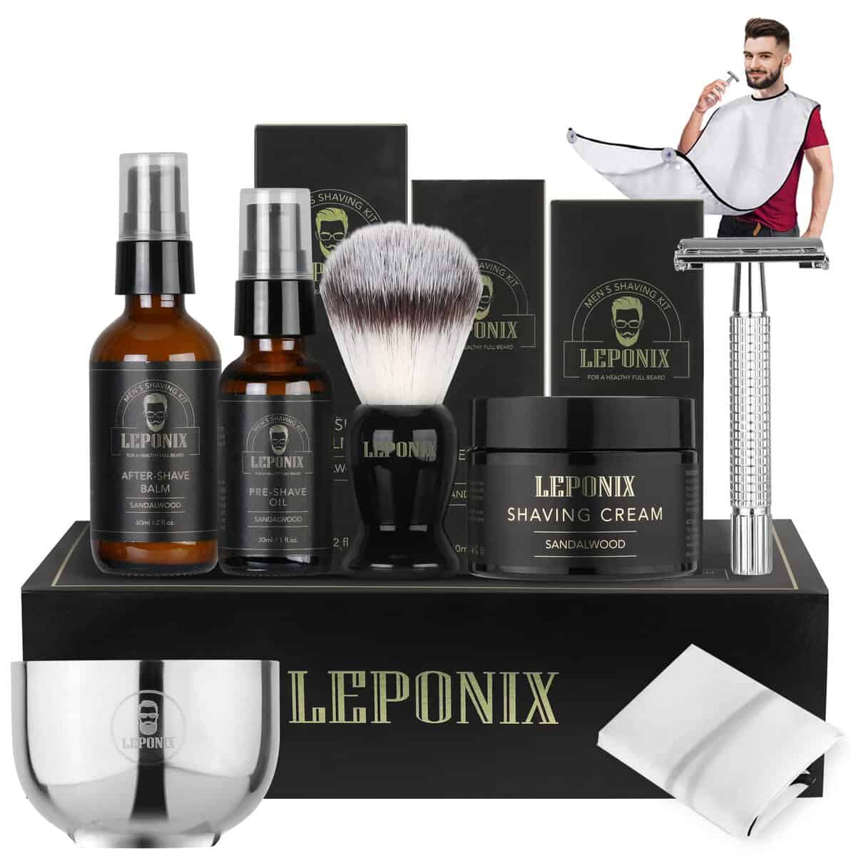 Shaving Kit for Men, Includes Sandalwood Shaving Cream, Mens After Shave Balm, Pre-Shave Oil,Shaving Brush and Bowl, Beard Bib, Aftershave Gift Set for Men Boyfriend Stocking Fillers