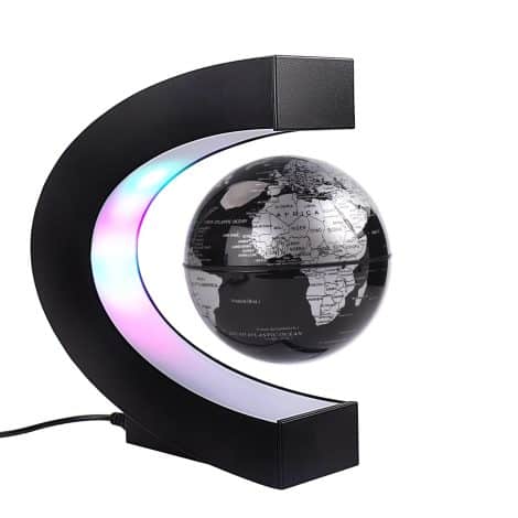 Black Anti-Gravity Magnetic Floating Globe with LED Colored Lights – Perfect Table Decoration for Home or Office.