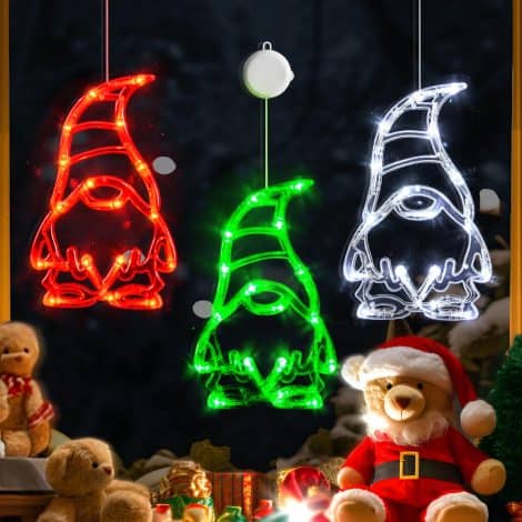 LOLStar Christmas Lights, 3-pack festive gnome window decorations with suction cup, battery-powered indoor lights. (Batteries not included)