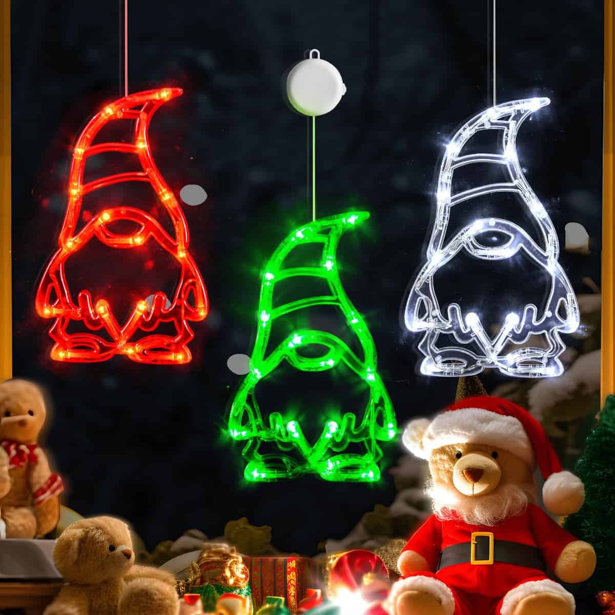 LOLStar Christmas Lights, 3 Pack Red White Green Gnomes Christmas Window Decorations with Suction Cup, Battery Operated(Excluded) Indoor Lights for New Year, 2023 Slow Fade Mode and Timer Function