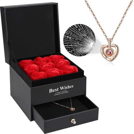 Timeless Bloom: Luxurious Handmade Preserved Rose, “I Love You” Necklace with 100 Languages, Forever Rose in Jewelry Gift Box, Perfect for Her, Mum, Valentines, Birthday, Mothers Day, Anniversary.