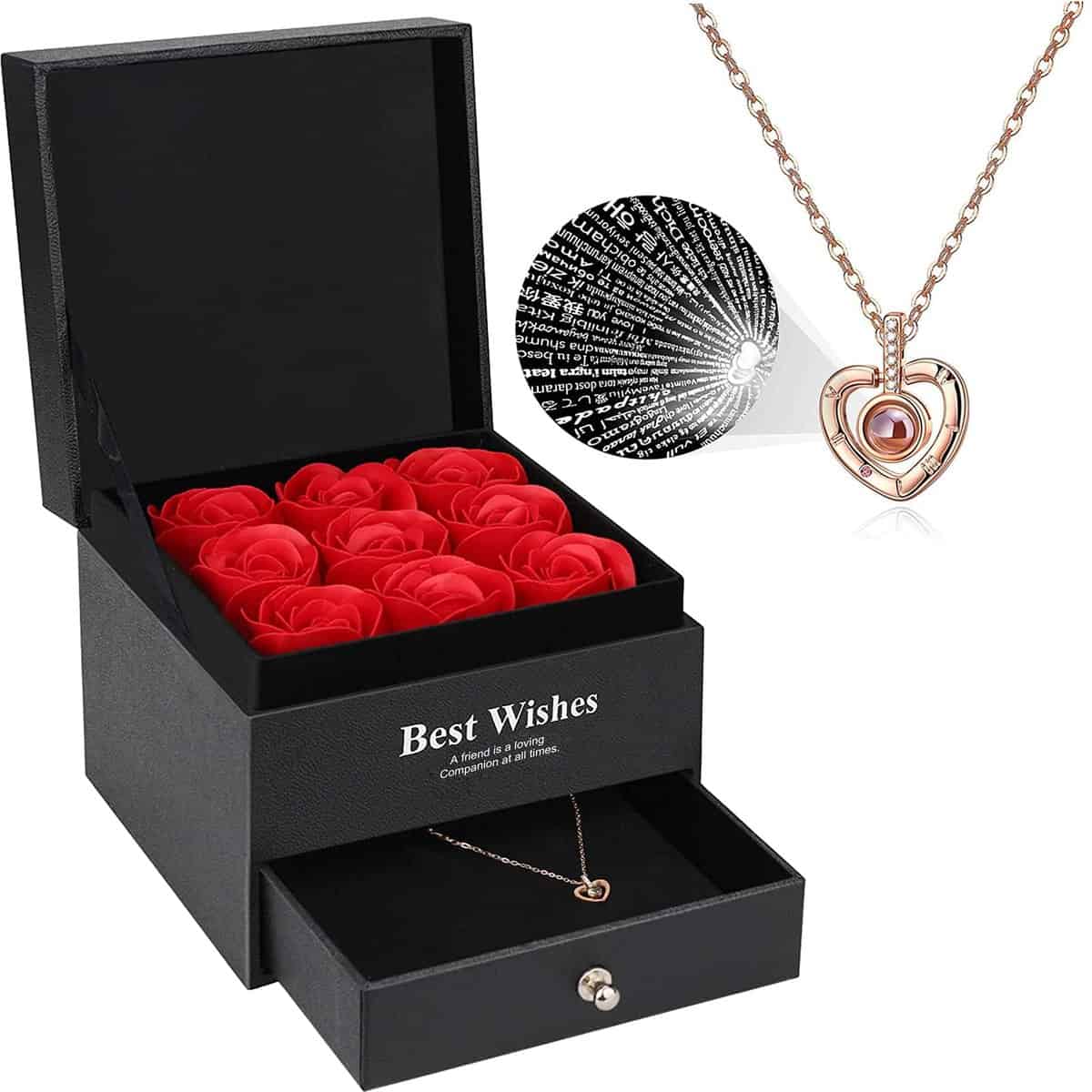 Eternal Rose Women Gifts for Christmas Handmade Preserved Rose with I Love You Necklace 100 Languages Forever Rose with Jewelry Gift Box Gifts for Her Mum Valentines Birthday Mothers Day Anniversary