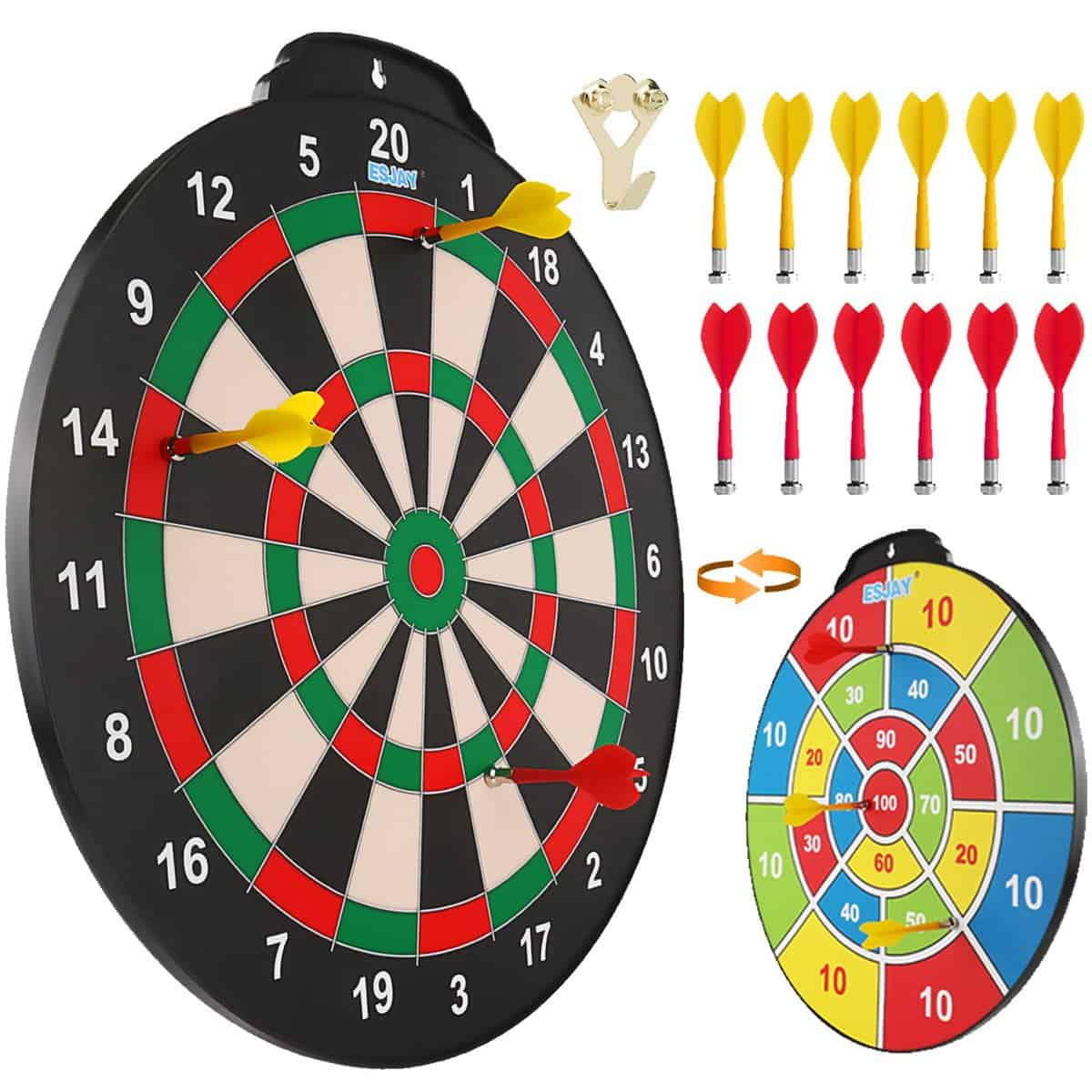 Esjay 18 inch Magnetic Dart Board Set, Safe Dart Game for Kids, Best Boy Toys Gift Indoor Outdoor Game with 12 Darts, Double Sided Large Size Dartboard