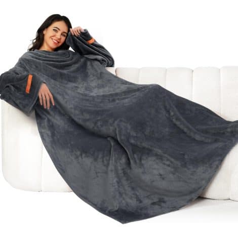 Winthome Cozy Sleeved Blanket, Ideal Unisex Present, Elastic Cuffs & Fastener for Ultimate Comfort (Grey, 140x170cm).