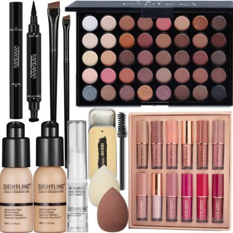 Complete makeup set including 40 eyeshadow colors, foundation, primer, eyeliner stamp, lipstick, eyebrow soap, sponge. Perfect gift for women.