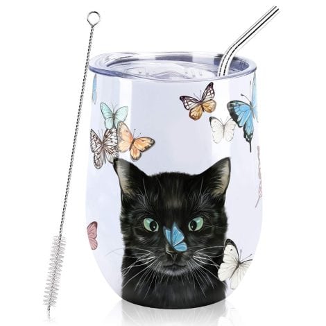 FairyTale 12oz Cat Cup Wine Tumbler with Lid and Straw – a perfect travel mug gift for ladies, keeps beverages insulated.