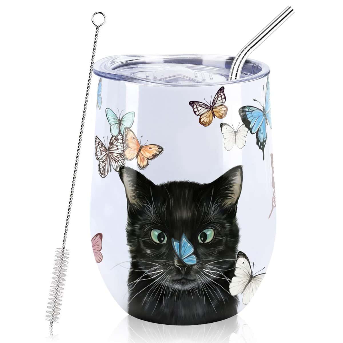 NymphFable 12oz Cat Cup Wine Tumbler with Lid and Straw Travel Mug Gifts for Women Stainless Steel Insulated Double Wall