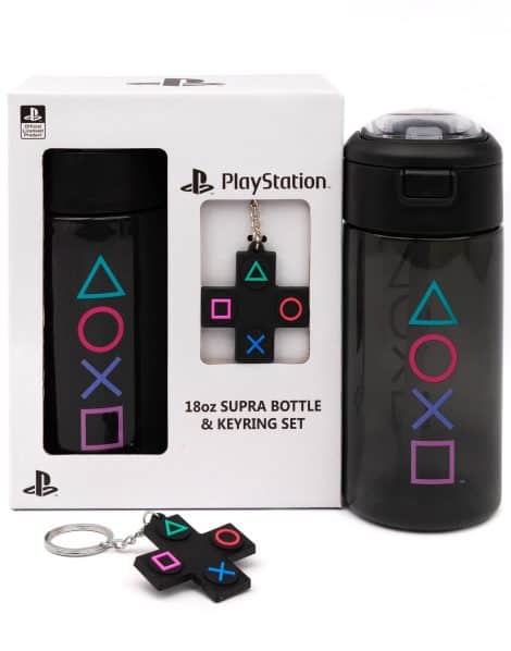 Gaming-themed water bottle & keychain gift for gamers. 18oz, black, waterproof, with straw. Perfect for adults & kids.