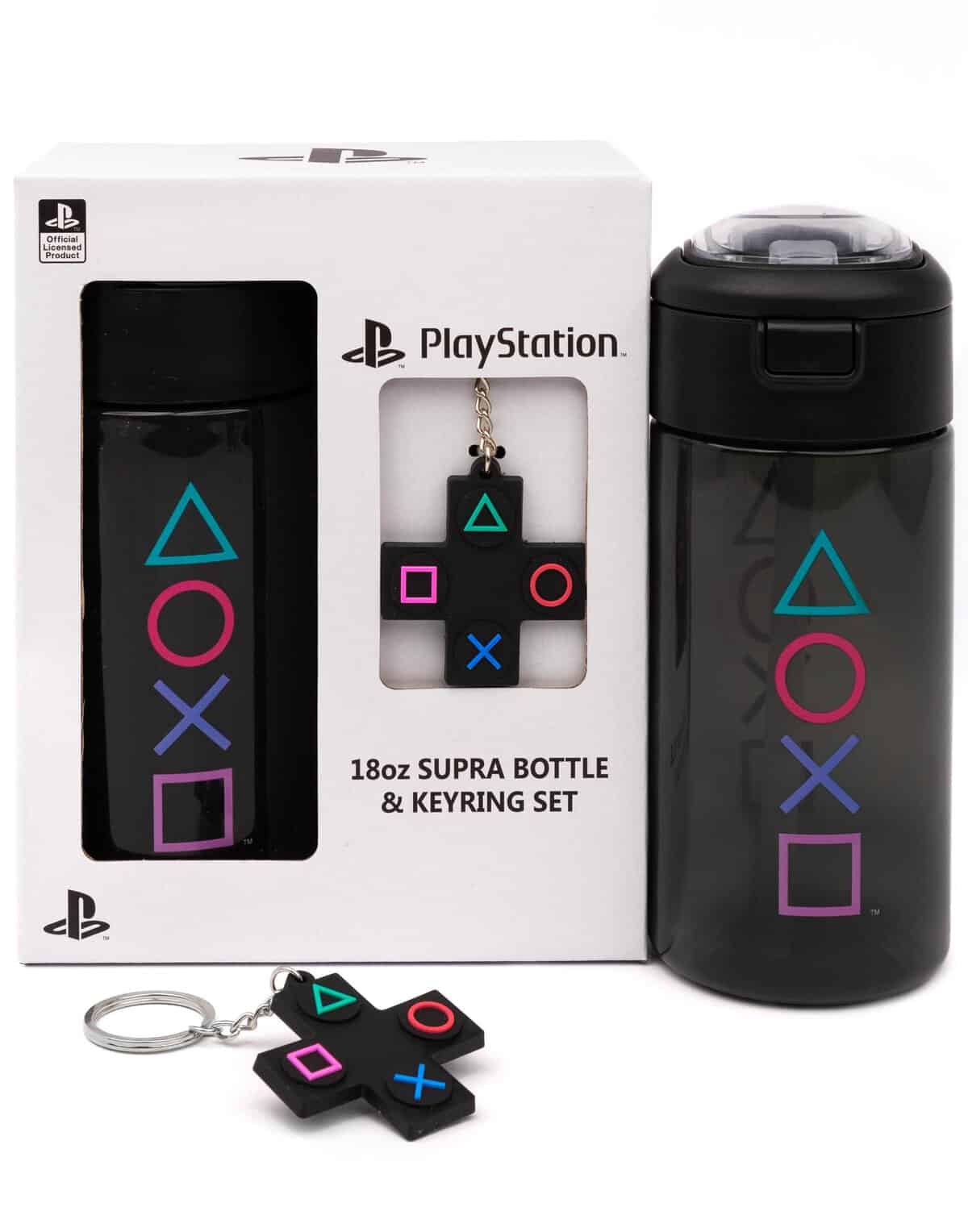 PlayStation Water Bottle & Keychain Gift For Adults & Kids | Gaming Sports Drink 18oz | Boy & Girl Gamer Present | Black Waterproof & Straw Drinking Cup