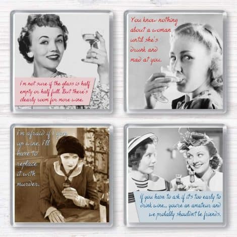 Humorous Retro Coasters Set featuring witty quotes for women who enjoy vintage wine. Perfect gift!