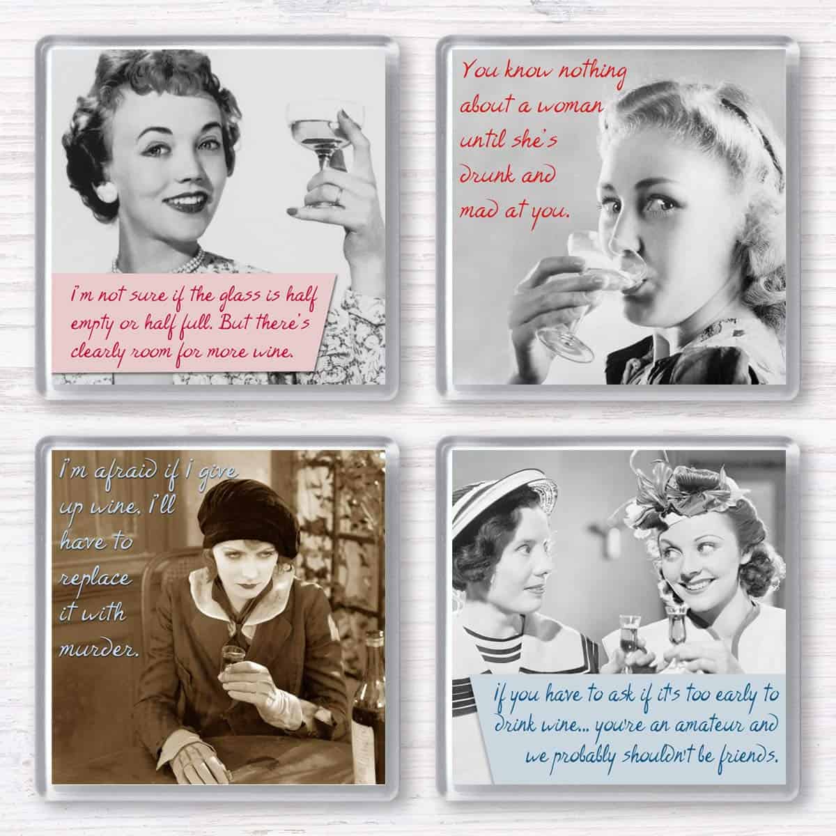 Funny Vintage Wine Drinking Women Quotes Set of 4 Gift Retro Drink Coasters