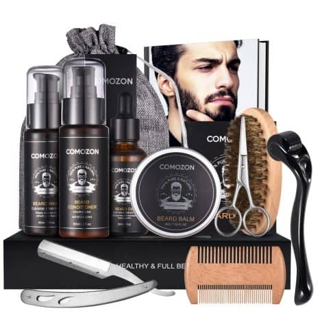 Men’s 12-in-1 Beard Kit, includes roller, oil, shampoo, conditioner, brush, balm, comb, scissors – perfect gift for him.