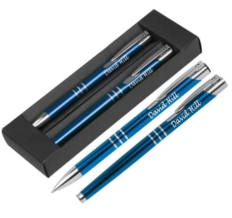 Customize Paul Clover’s Blue Pen & Rollerball Set Gift Boxed with Your Own Message – Perfect for Anniversaries, Christmas, Men and Women.