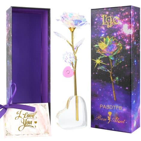 Colorful Christmas Galaxy Rose Gifts with Heart Stand – Forever Rose Presents for Her Mum, Girlfriend. Perfect for Valentines, Mother’s Day, Anniversary, Birthday.