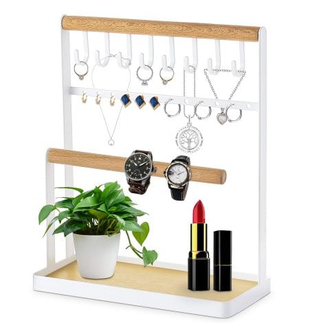 GOEDEKE White Wooden Jewellery Stand with 8 Hooks & 12 Holes, Ideal Gift for Women on Birthdays.