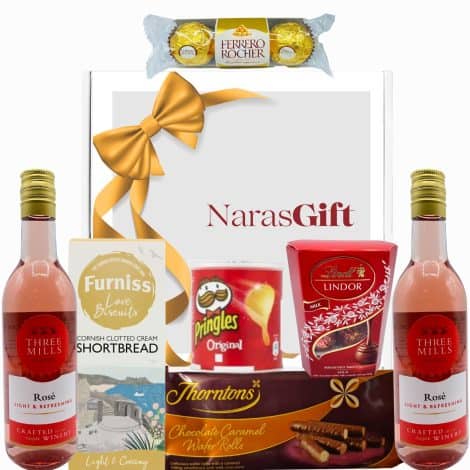 Gift set includes 2 bottles of rose wine, chocolates, crisps, biscuits, and wafer rolls. Perfect for birthdays or couples.