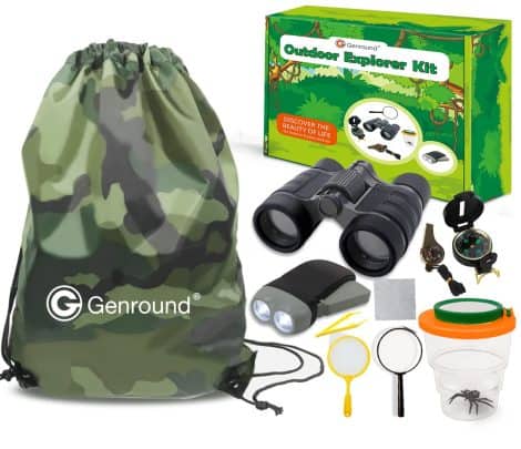 Adventure Bundle includes Binoculars, Flashlight, Compass, Whistle, Magnifying Glass, Tweezer, Bug Viewer, and Backpack. Perfect for ages 6-12.