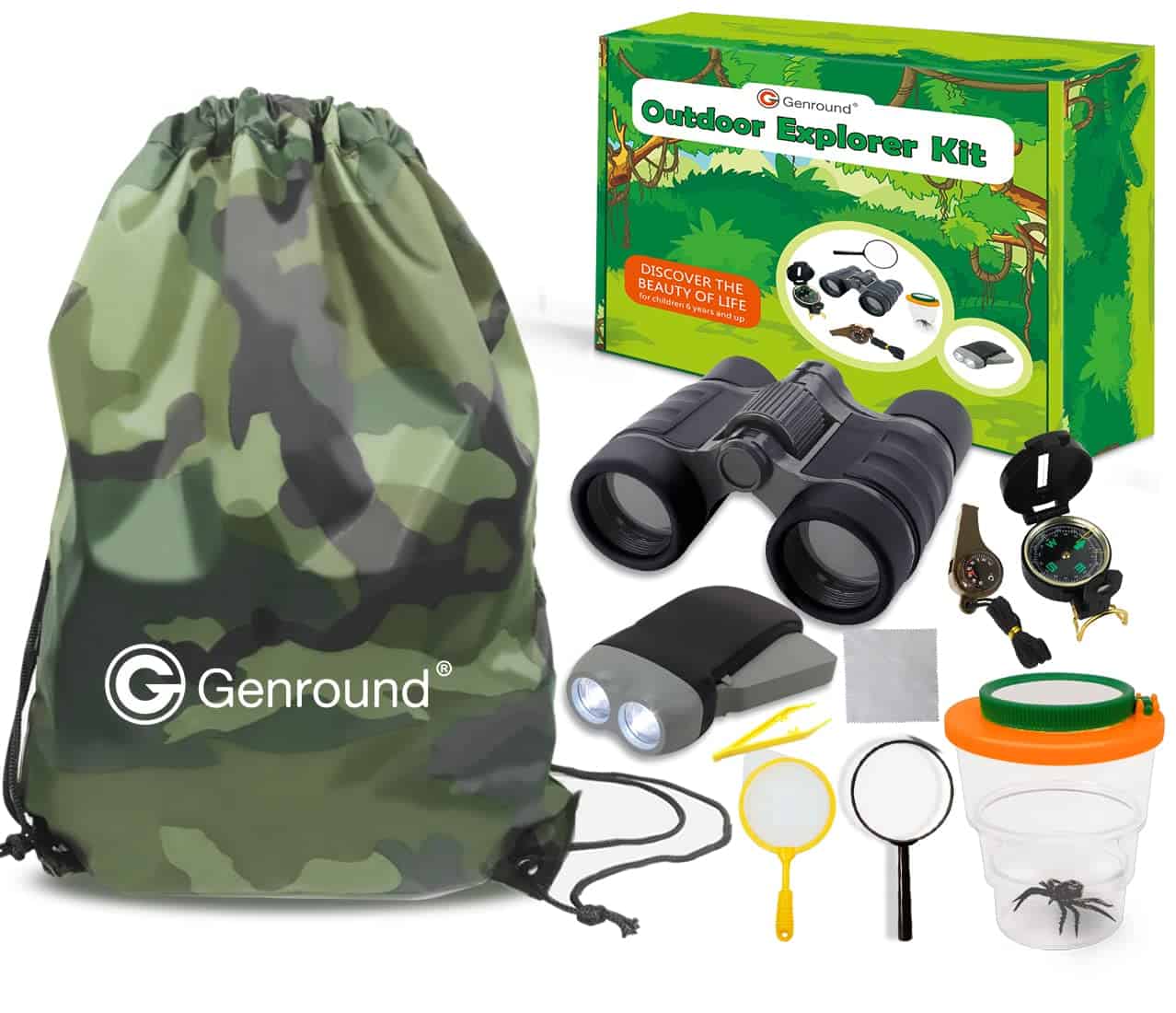 Genround Outdoor Explorer Kit Gifts Toys, 6-12 Years Old Boys Girls Outdoor Adventure Exploration Set incl Binoculars,Flashlight, Compass,Whistle,Magnifying Glass,Tweezer,Bug Viewer,Backpack