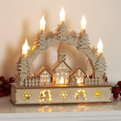 Wooden Candle Bridge with 5 Warm White Candles. Ideal for indoor Christmas decoration. Battery-operated. Dimensions: 32cm x 30cm x 10cm.