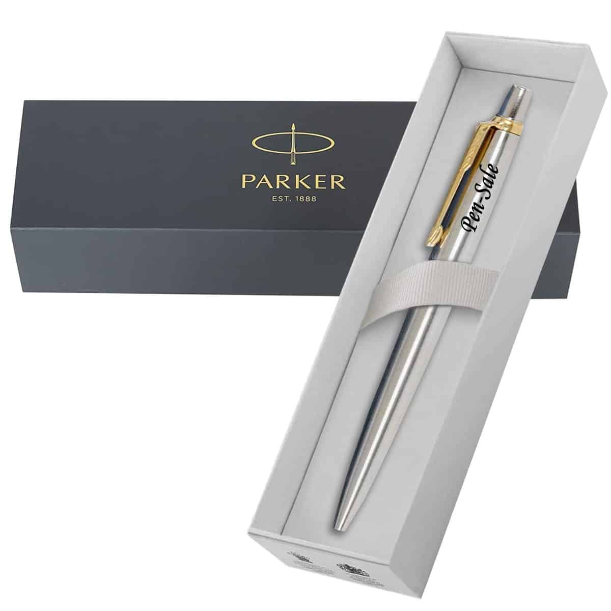 Personalised Engraved Premium Parker Jotter Stainless Steel Gold Trim Ballpoint Pen with Black Ink in a Classy Gift Box, Custom Gift for Christmas, for Men and Women - Enter Your Custom Text