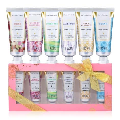 Luxurious hand cream set with 6x30ml Shea Butter hand moisturizers, enriched with Vitamin E and Aloe. Perfect gift for women.