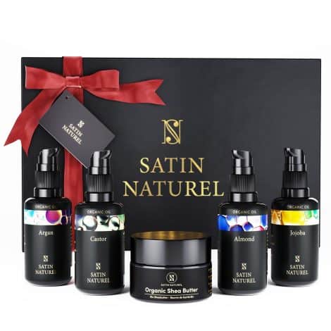 Satin Naturel offers 5x30ml organic hair growth oil, body oil, and skincare products as Christmas gifts for women and mums.