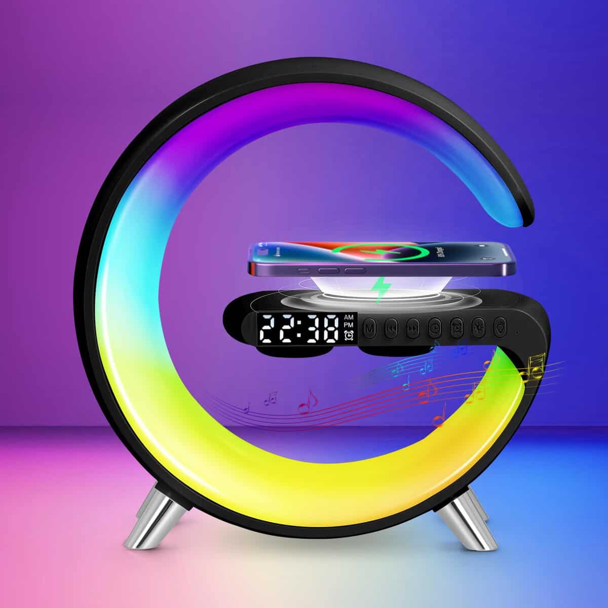 Jalann Smart Lamp Bluetooth Speaker with Wireless Charger, Dimmable Night Light G Speaker Lamp, App Control, RGB Color Changing, G Lamp with Sunrise Alarm Clock, LED Bedside Lamp for Bedroom (Black)