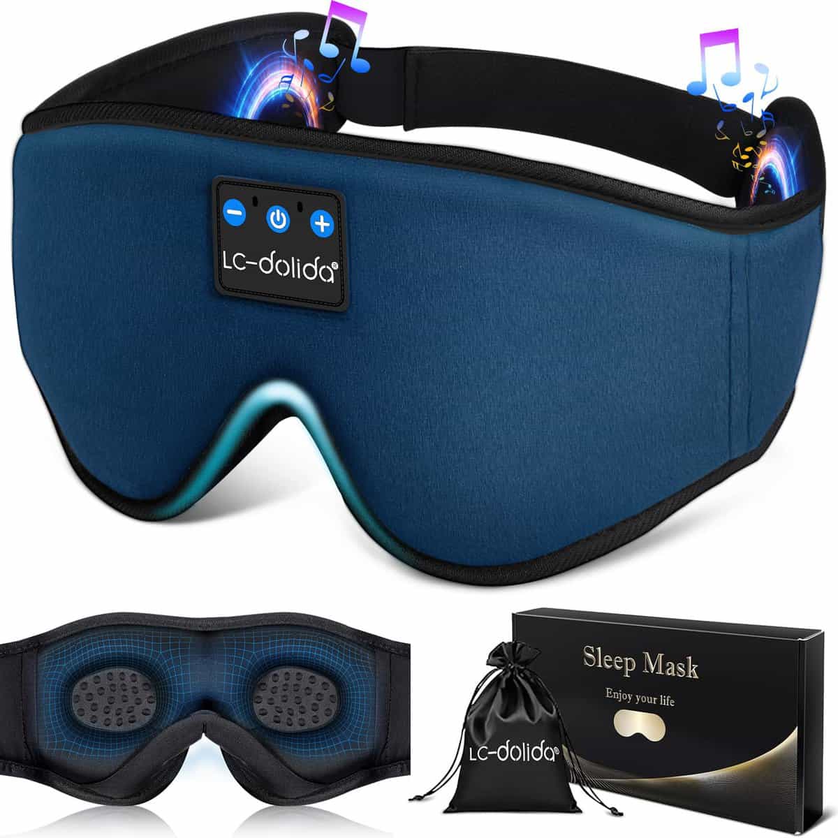 LC-dolida 3D Sleep Mask with Sleep Headphones,Sleep Aids for Adults Blackout Sleeping Headphones Eye Mask for Women/Men,Night Dream Mask with Travel Bag for Traveling Napping Rest (Indigo Blue)