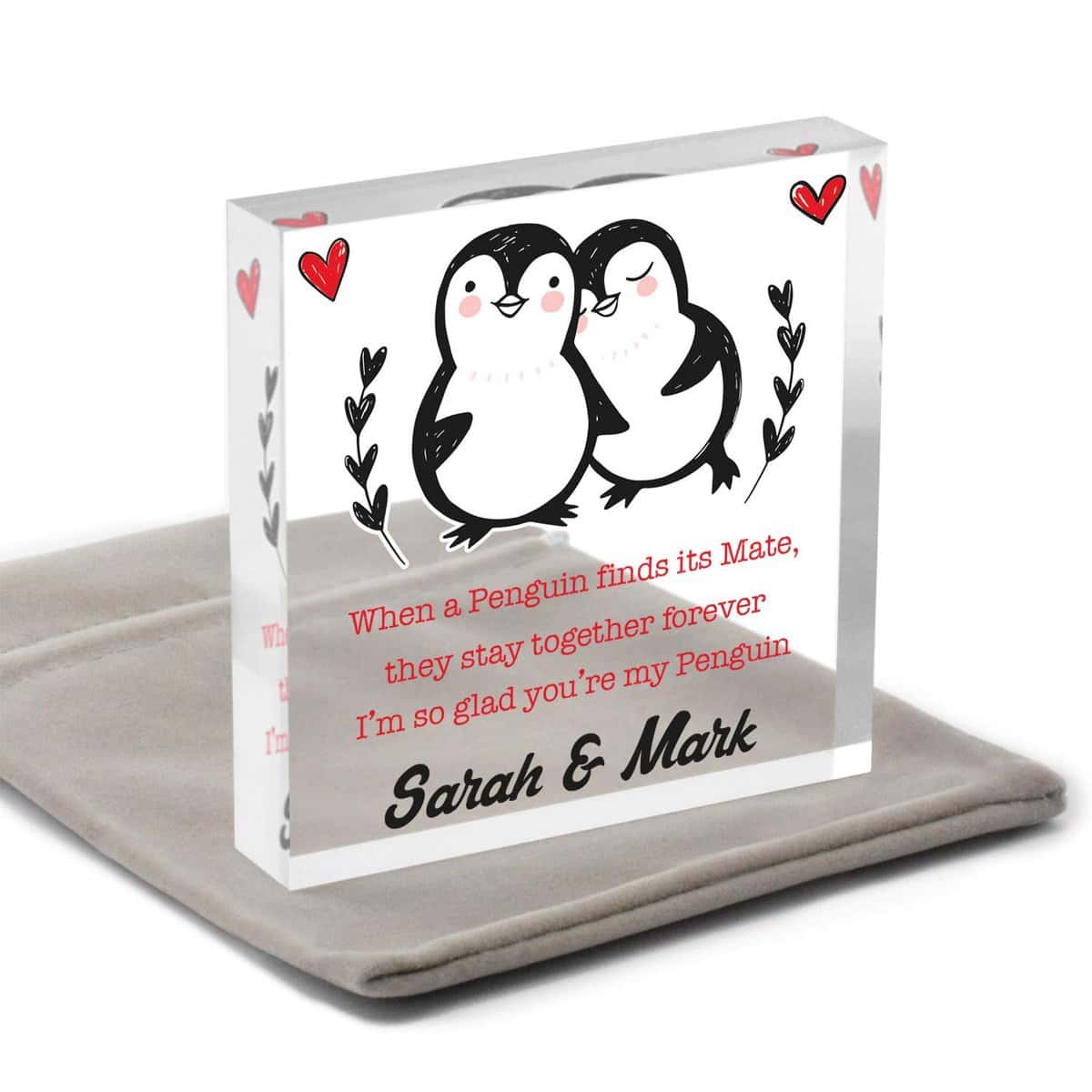 Penguin Couples Personalised Gifts for Boyfriend, Girlfriend, Wife or Husband - Perfect Valentines Day, Birthday or Wedding Anniversary Gifts - Penguin Couple Keepsake Block - With Grey Bag