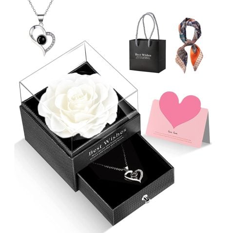 Eternity Rose Gift Set: Preserved real rose with “I Love You” necklace, perfect for Christmas, Valentine’s, or anniversary.