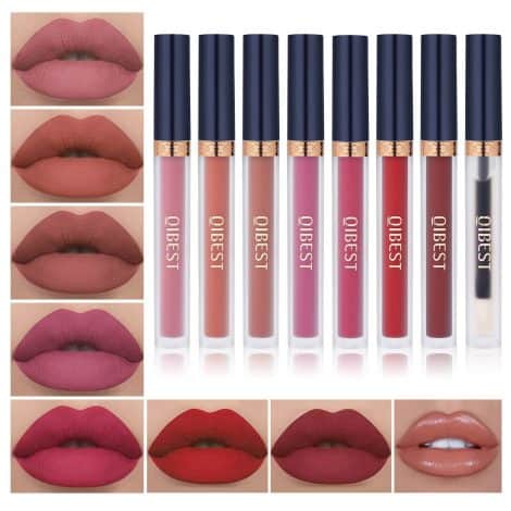 7 pieces of matte liquid lipstick plus 1 lip plumper set. Long-lasting, waterproof, and velvety lip gloss. Ideal gift for ladies.