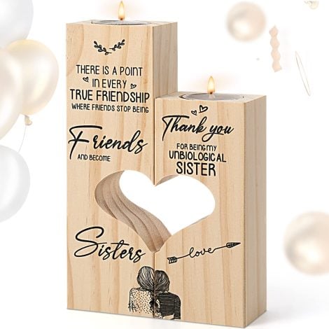 Yoillione Friendship Gifts for Women – Best Friend Sister, Personalised Wooden Heart Candle Holder – Unique Unbiological Sister Birthday Gift, Funny Bestie.