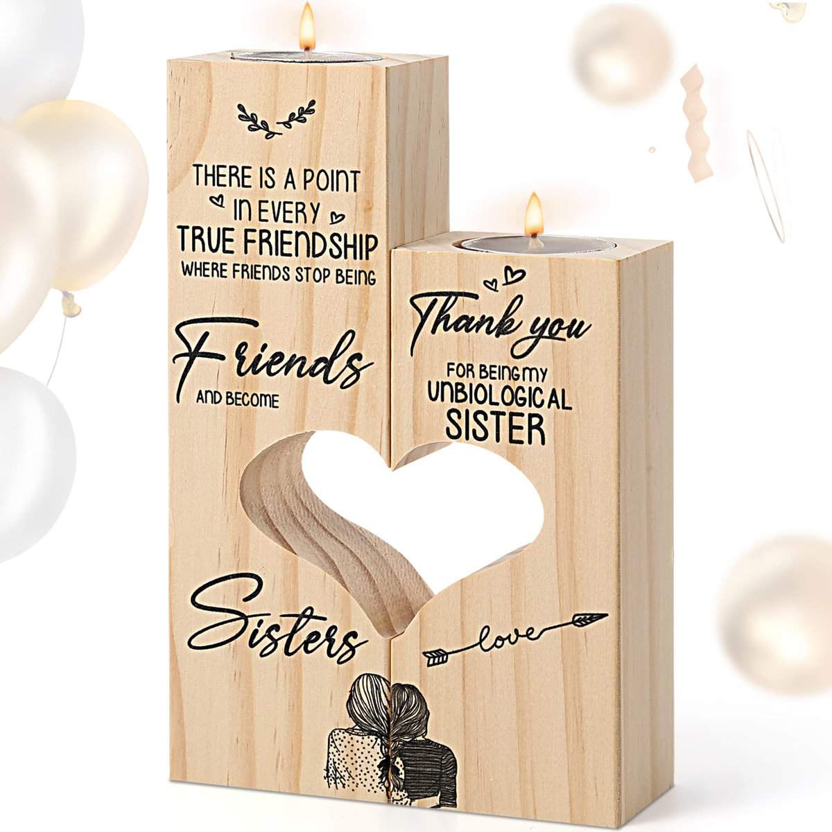 Yoillione Friendship Gifts for Women, Best Friend Sister for Women, Personalised Wooden Heart Shaped Craft Candle Holder Unique Unbiological Sister Birthday Gifts, Funny Bestie