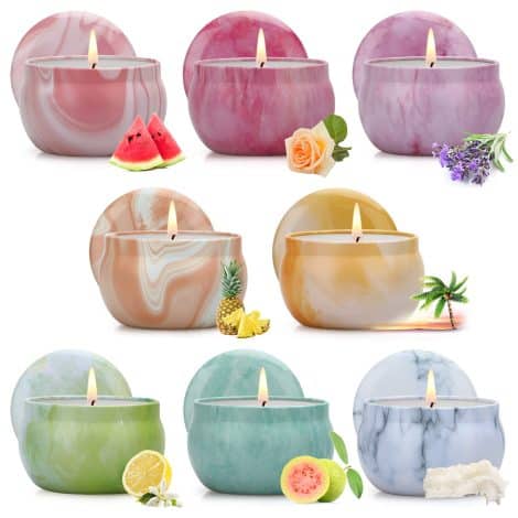 Fragrant Candle Gift Set for Her: 8-pack of Aromatherapy Candles, 120hrs Burning Time, Natural Soy Wax in Portable Tin. Ideal for Birthdays and Weddings.