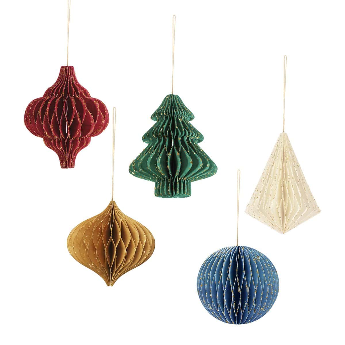 NICROHOME Christmas Party Decorations - 5 PCS Mini Glitter Edge Paper Honeycomb Ornament, White Yellow Blue Red, and Green Hanging Paper Ornament for Vintage Christmas Tree Decorations