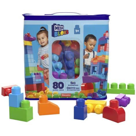 Fisher-Price Toddler Building Bag, 80 Piece Blue Block Toys, Perfect Gift for Kids 1+ Year Old.