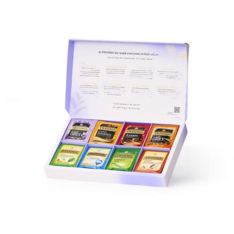 Introducing the Twinings Favourites Collection Gift Box – a delightful selection of 8 tea flavors, in recyclable plant-based tea bags. Perfect for tea lovers!