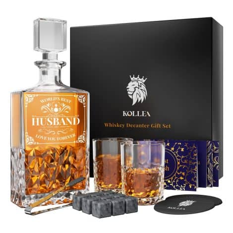 Kollea Whiskey Decanter Set with Glasses, Perfect Gift for Husband on Birthday, Christmas, Anniversary, or Wedding.