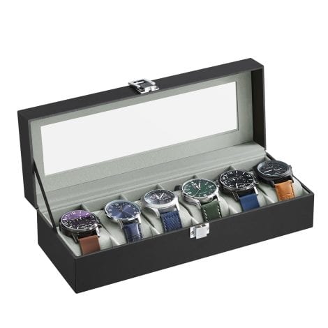 JWB06BK Watch Box by SONGMICS: Stylish black synthetic leather with greenish grey lining, holds 6 watches. Ideal gift.