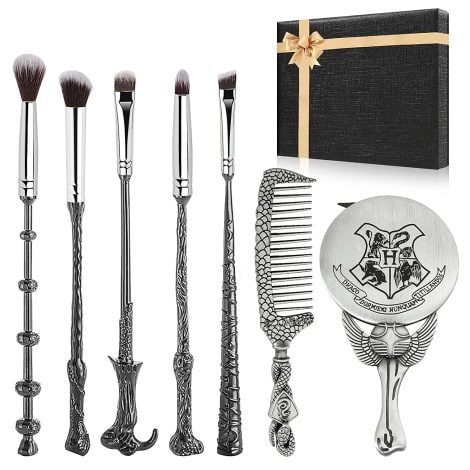 [7 Piece] Harry Makeup Brush Set comes with Silver Mirror, Comb, Handle Wizard Wand, perfect for British ladies.